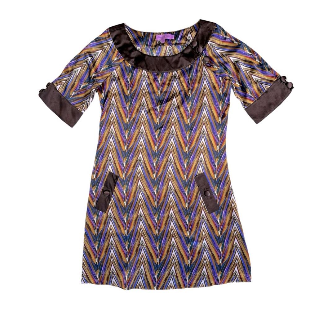 CHRISTIANE CELLE CALYPSO 100% Silk Brown Purple Elbow Sleeve Mini Dress Women’s